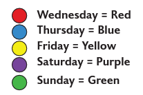 Red circle, Wednesday = Red; Blue circle, Thursday = Blue; Yellow circle, Friday = Yellow; Purple circle, Saturday = Purple; Green circle, Sunday = Green