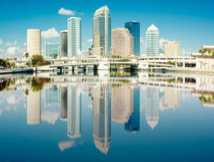 Tampa skyline on the sunny mid afternoon day with reflection.