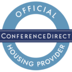 ConferenceDirect logo. Light blue circle with dark blue bar through the center.