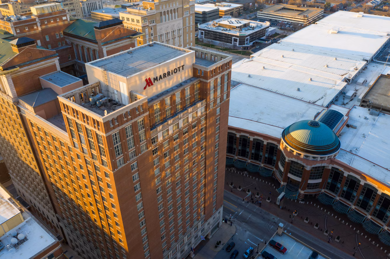 aerial view of Marriott St. Louis Grand Hotel next to America's Center Convention Complex